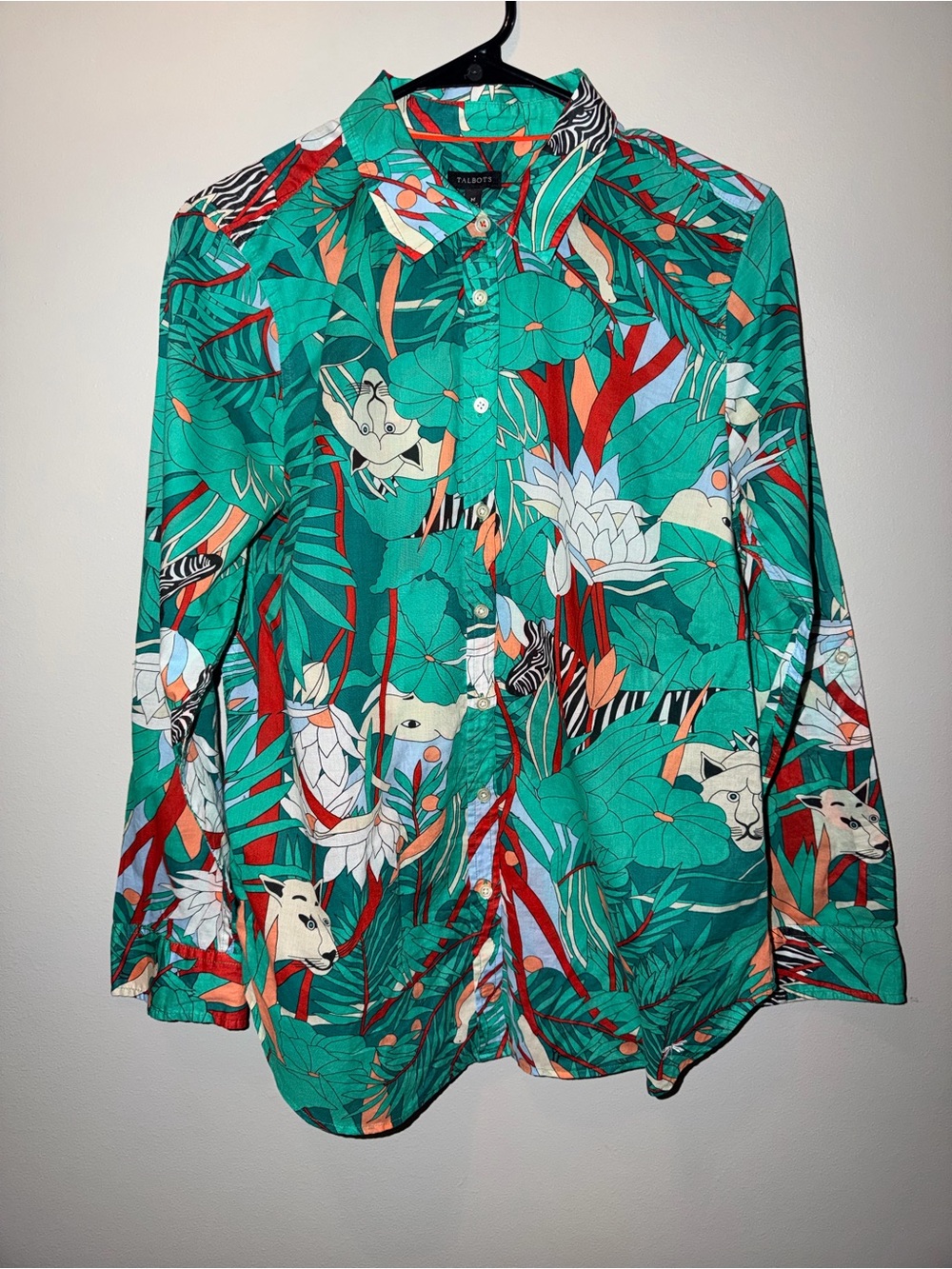 Talbots Teal Tropical Button-Down Shirt with Red & White Accents